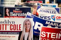 Campaign signs sit along North Hualapai Way a week after elections, Tuesday, Nov. 12, 2024, in ...