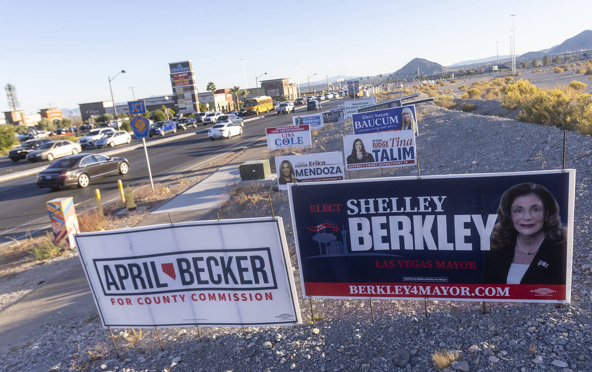 Campaign signs sit along North Hualapai Way a week after elections, Tuesday, Nov. 12, 2024, in ...