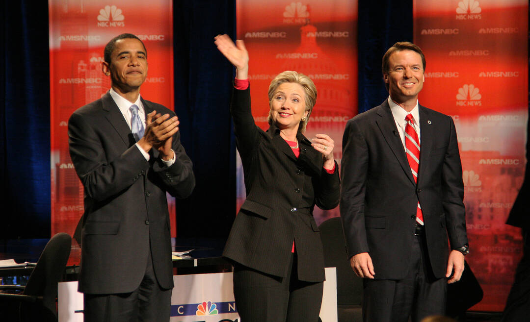 Barack Obama, Hillary Clinton and John Edwards at the Democratic Presidential Debate at Cashman ...