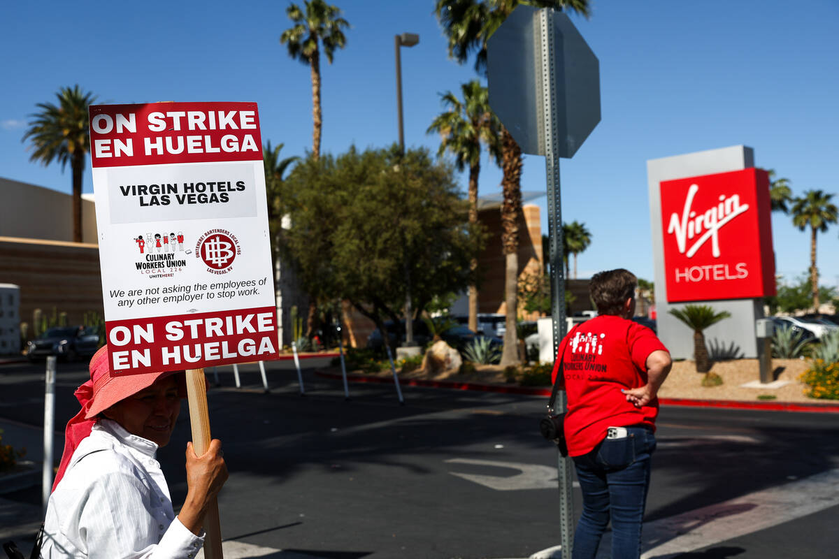 Hospitality workers demonstrate outside Virgin Hotels Las Vegas on Saturday, May 11, 2024, in L ...