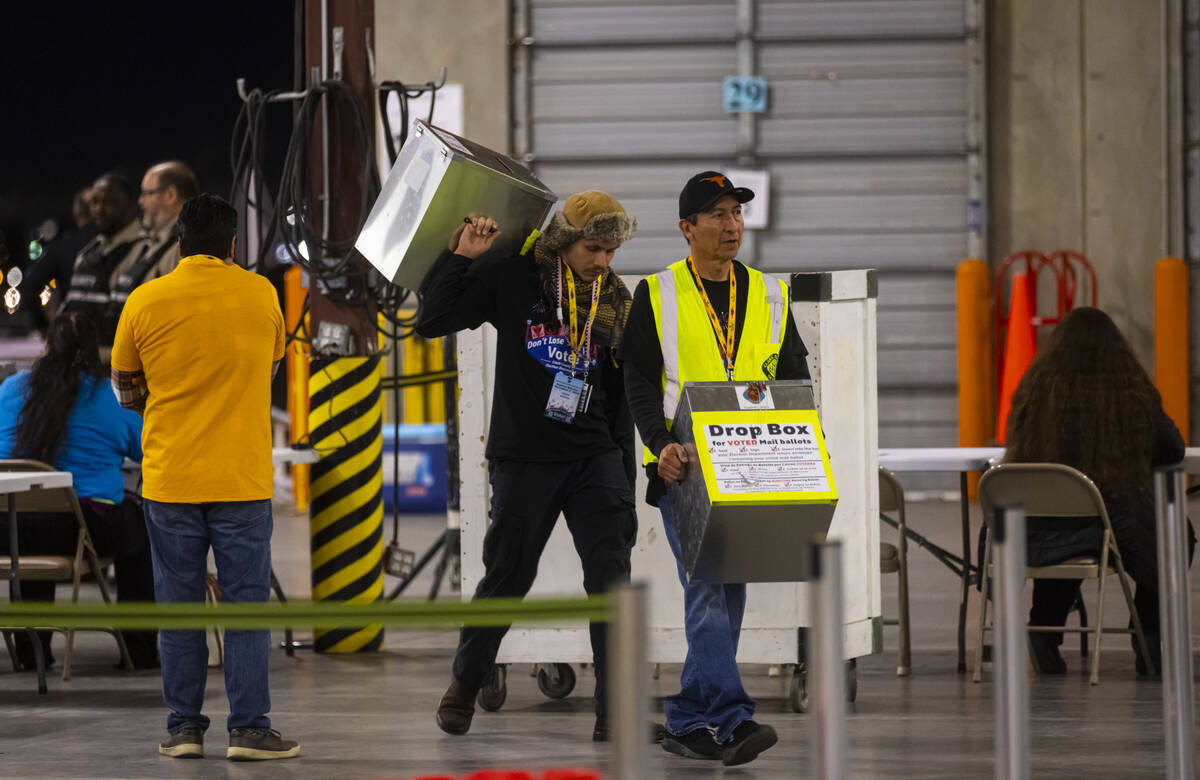 Ballot drop boxes are moved inside the Clark County Election Department warehouse on Tuesday, N ...