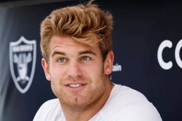 Raiders tight end Michael Mayer listens to reporters questions as he addresses the media after ...