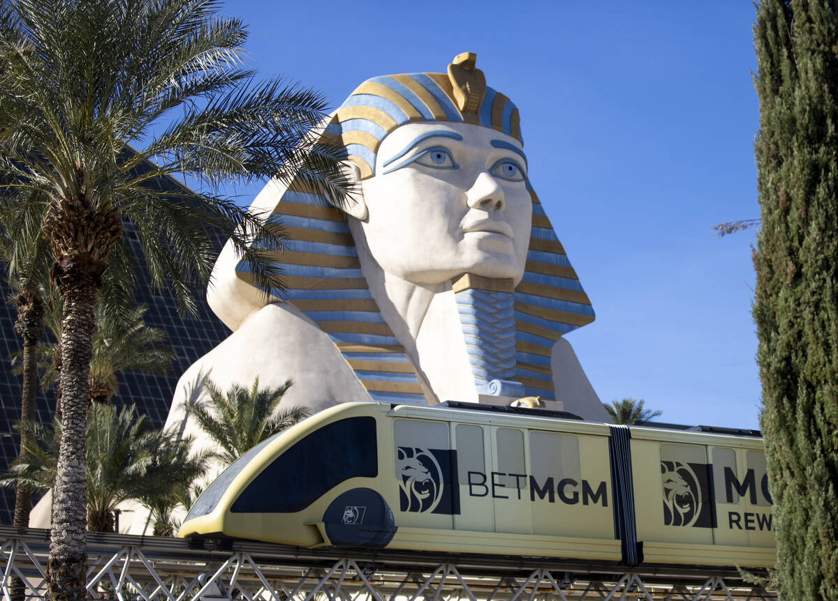 The MGM tram runs outside the Luxor, Wednesday, Nov. 13, 2024, in Las Vegas. (Daniel Jacobi II/ ...