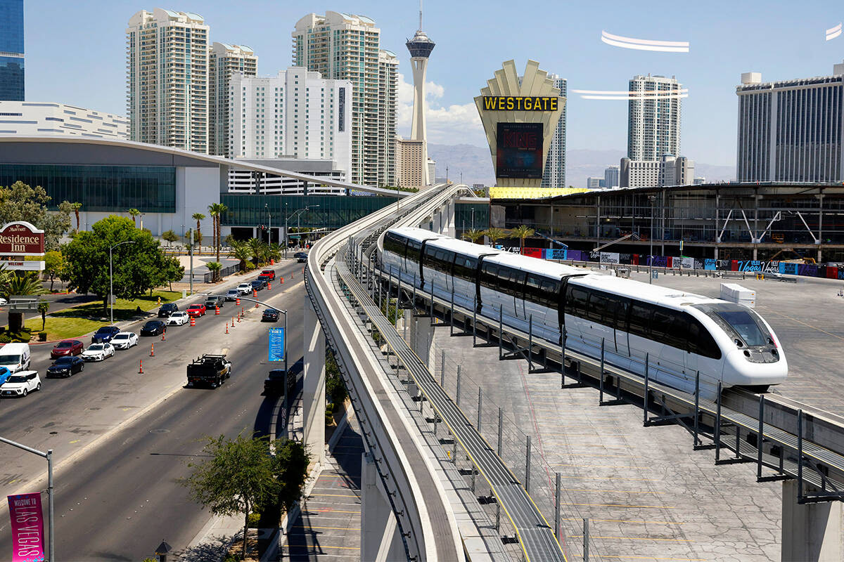 FILE - A monorail train departs from the Las Vegas Convention Center station, on Wednesday, Jun ...