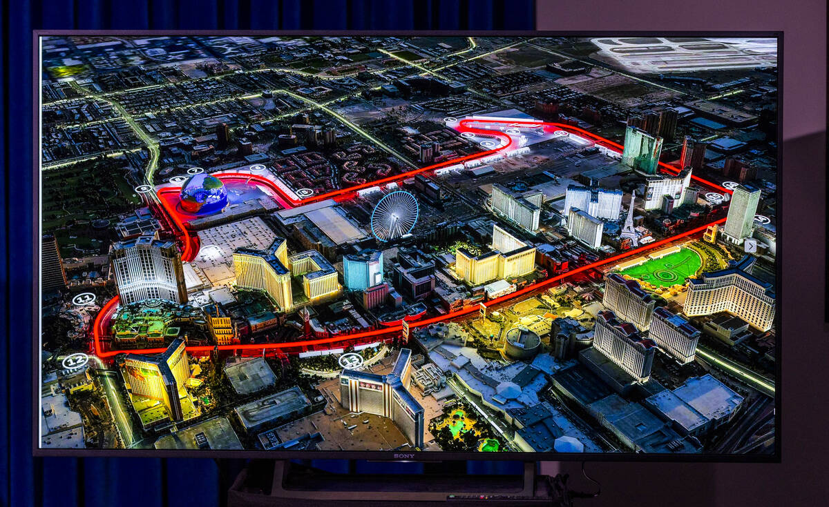 The Formula 1 track is displayed during a press conference at the Las Vegas Metropolitan Police ...