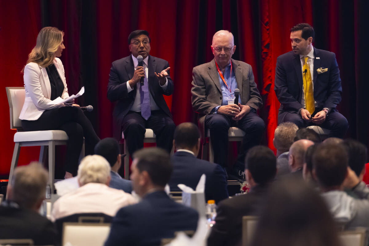 Sandip Bhagat, chief investment officer at Whittier Trust, second from left, speaks during an e ...