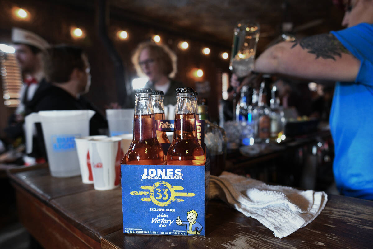 Bottles of “Nuke Victory Cola” from Jones Soda sits on the bar during the Fallout ...