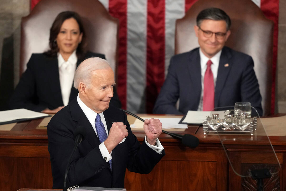 President Joe Biden gestures to Republicans. (AP Photo/Andrew Harnik)