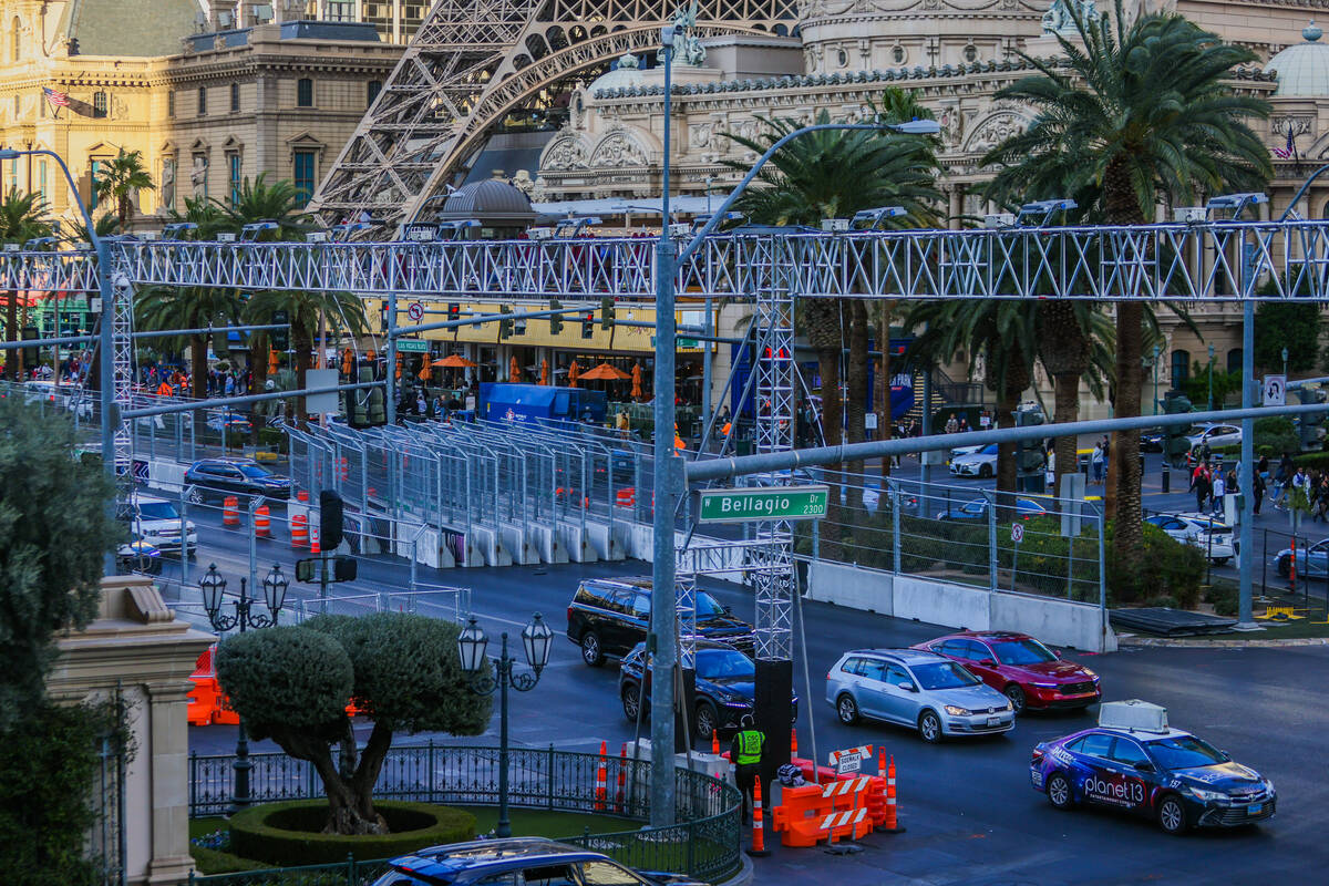 Construction for the Formula 1 Las Vegas Grand Prix takes place on the Strip Nov. 16, 2024, in ...