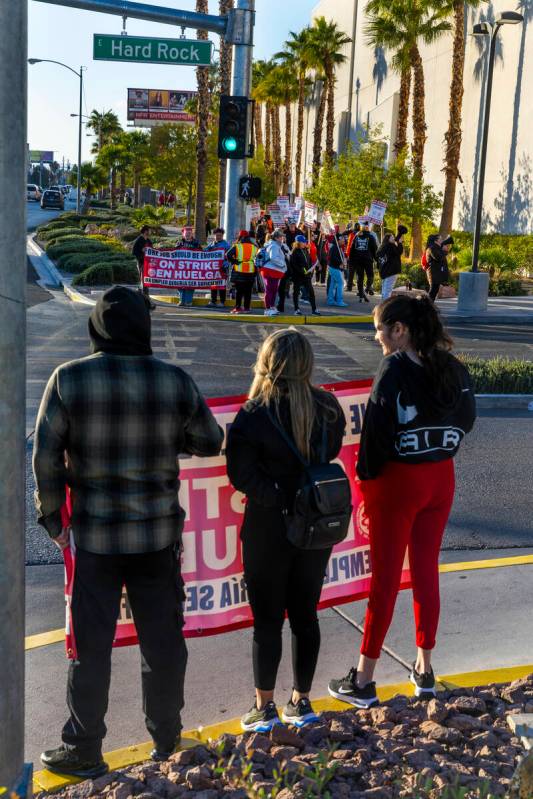 Culinary Local 226 workers on strike outside the garage off of E. Hard Rock at the Virgin Hotel ...