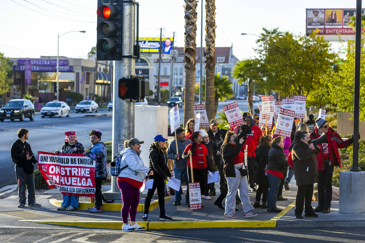 Culinary Local 226 workers on strike outside the garage off of E. Hard Rock at the Virgin Hotel ...