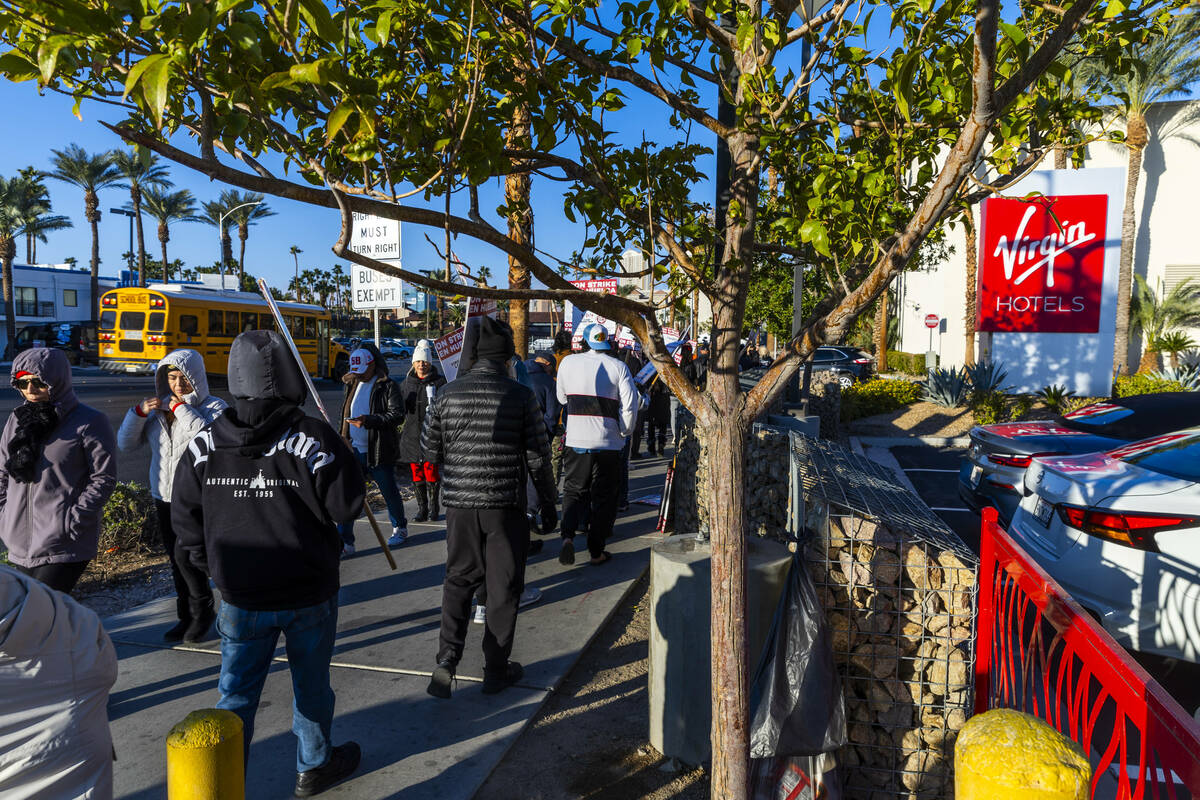 Culinary Local 226 workers on strike outside the garage off of E. Hard Rock at the Virgin Hotel ...