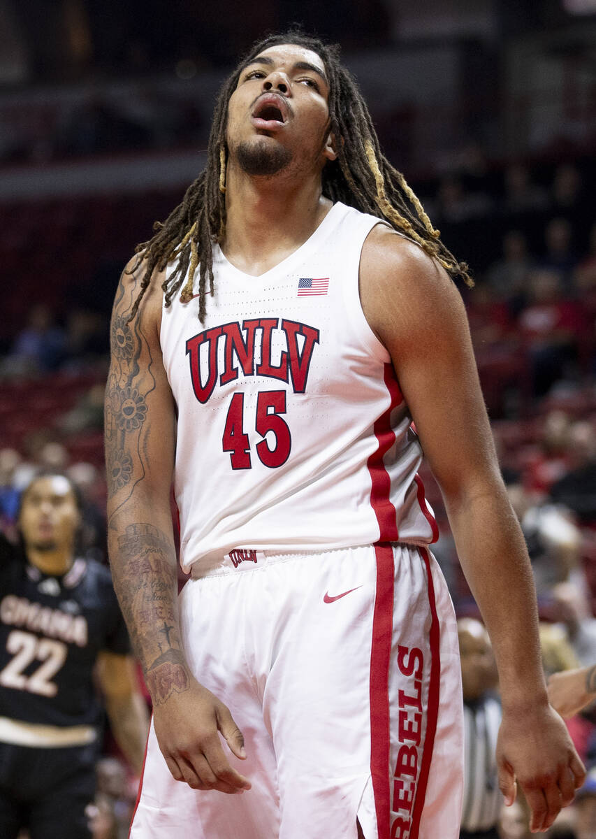 UNLV forward Jeremiah Cherry (45) reacts after a foul is called during the college basketball g ...