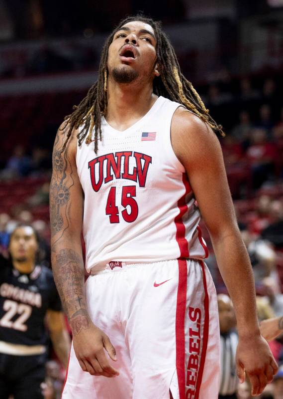 UNLV forward Jeremiah Cherry (45) reacts after a foul is called during the college basketball g ...