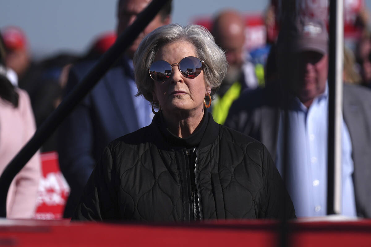 Susie Wiles watches as Republican presidential nominee former President Donald Trump speaks at ...