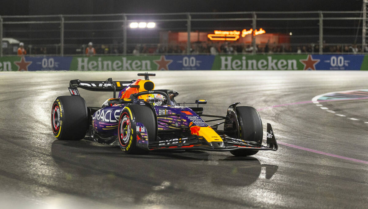 FILE - Red Bull Racing driver Max Verstappen navigates the course during the Las Vegas Grand Pr ...