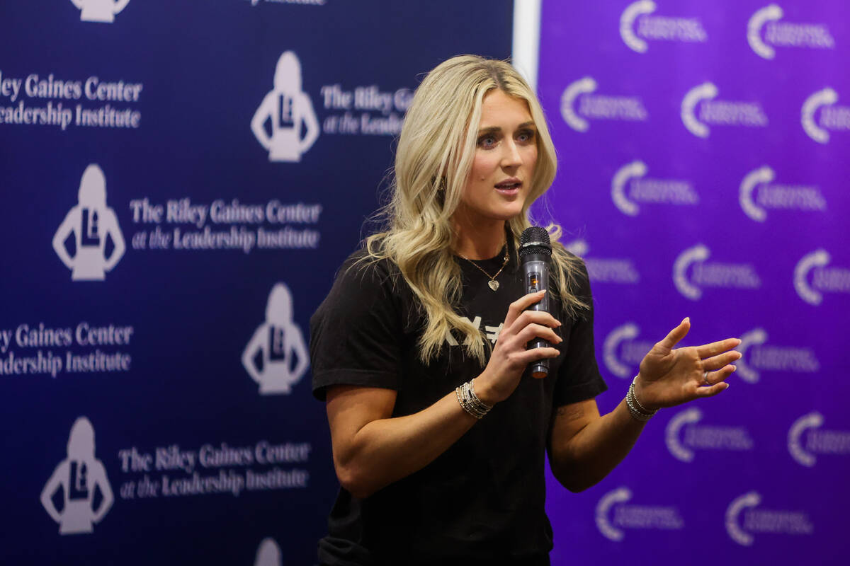 Riley Gaines speaks during an event hosted by UNLV’s turning point chapter and the Riley ...