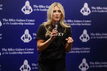 Riley Gaines speaks during an event hosted by UNLV’s turning point chapter and the Riley ...