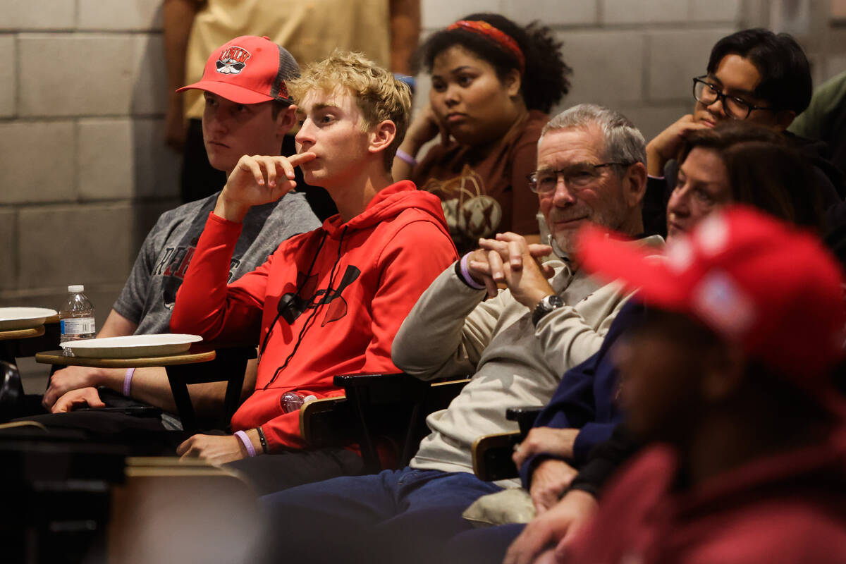 Supporters listen to Riley Gaines speak during an event hosted by UNLV’s turning point c ...