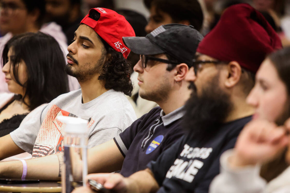 Supporters listen to Riley Gaines speak during an event hosted by UNLV’s turning point c ...