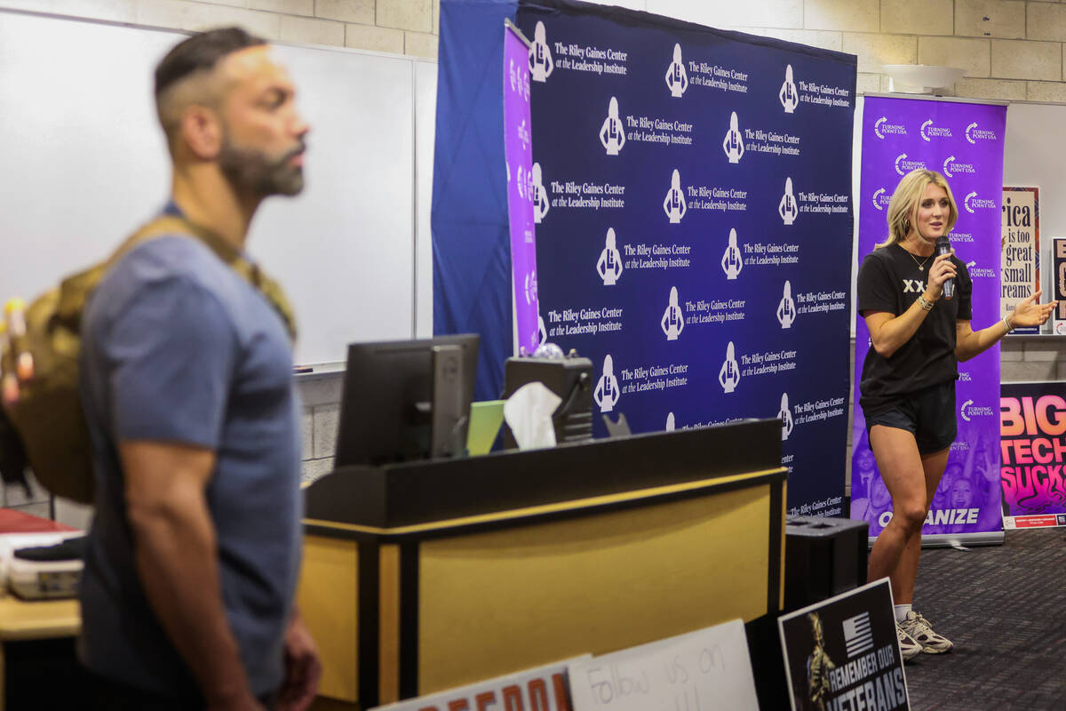 Riley Gaines speaks during an event hosted by UNLV’s turning point chapter and the Riley ...