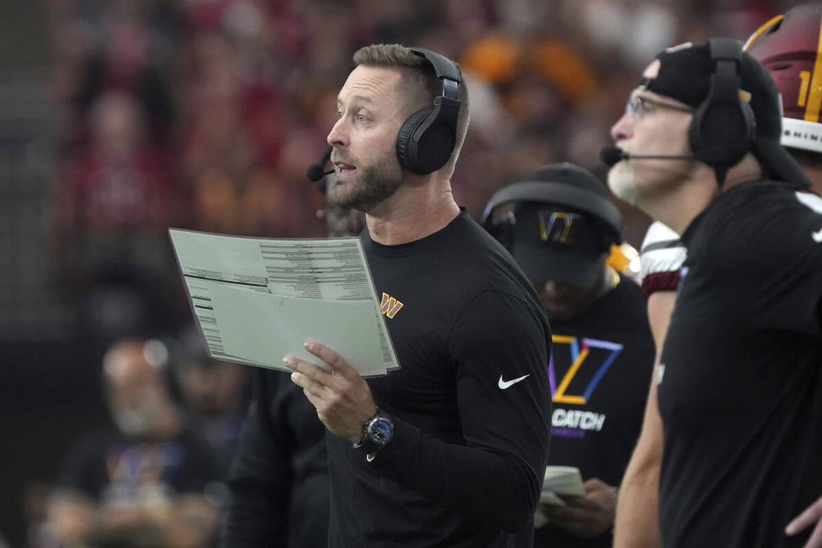 Washington Commanders Offensive Coordinator Kliff Kingsbury during the first half of an NFL foo ...