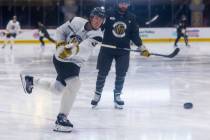 Golden Knights defenseman Brayden McNabb (3) takes a shot at the goal during training camp at C ...