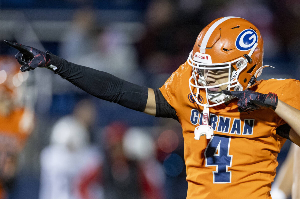 Bishop Gorman wide receiver Kaina Watson (4) celebrates a first down during the Class 5A Divisi ...