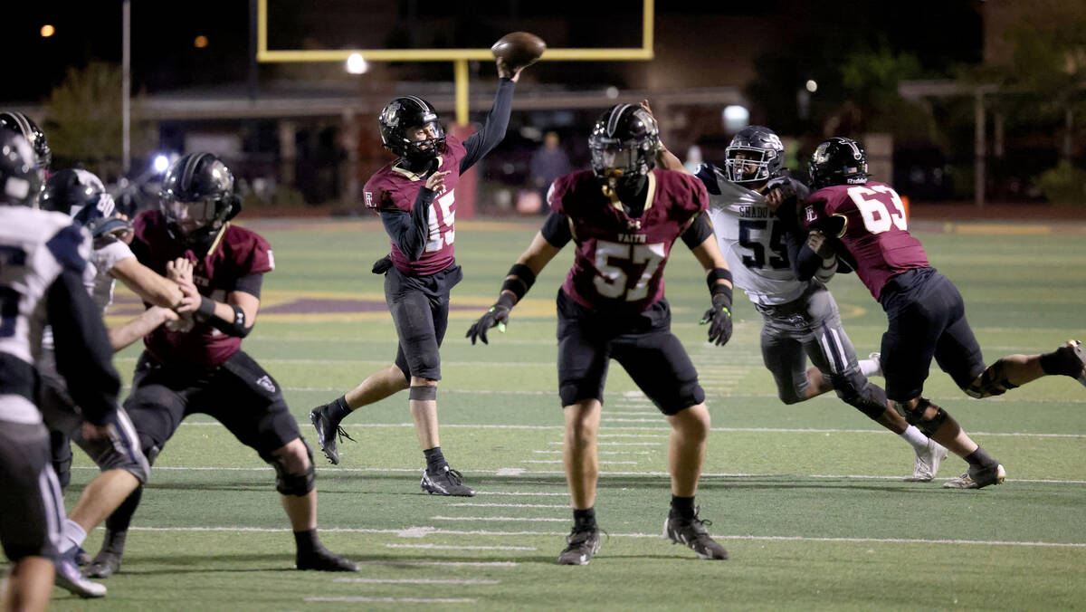 Faith Lutheran quarterback Alexander Rogers (15) throws against Shadow Ridge in the second quar ...