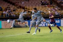 Las Vegas Lights FC forward Khori Bennett (90) taps the ball toward the goal, scoring the tying ...