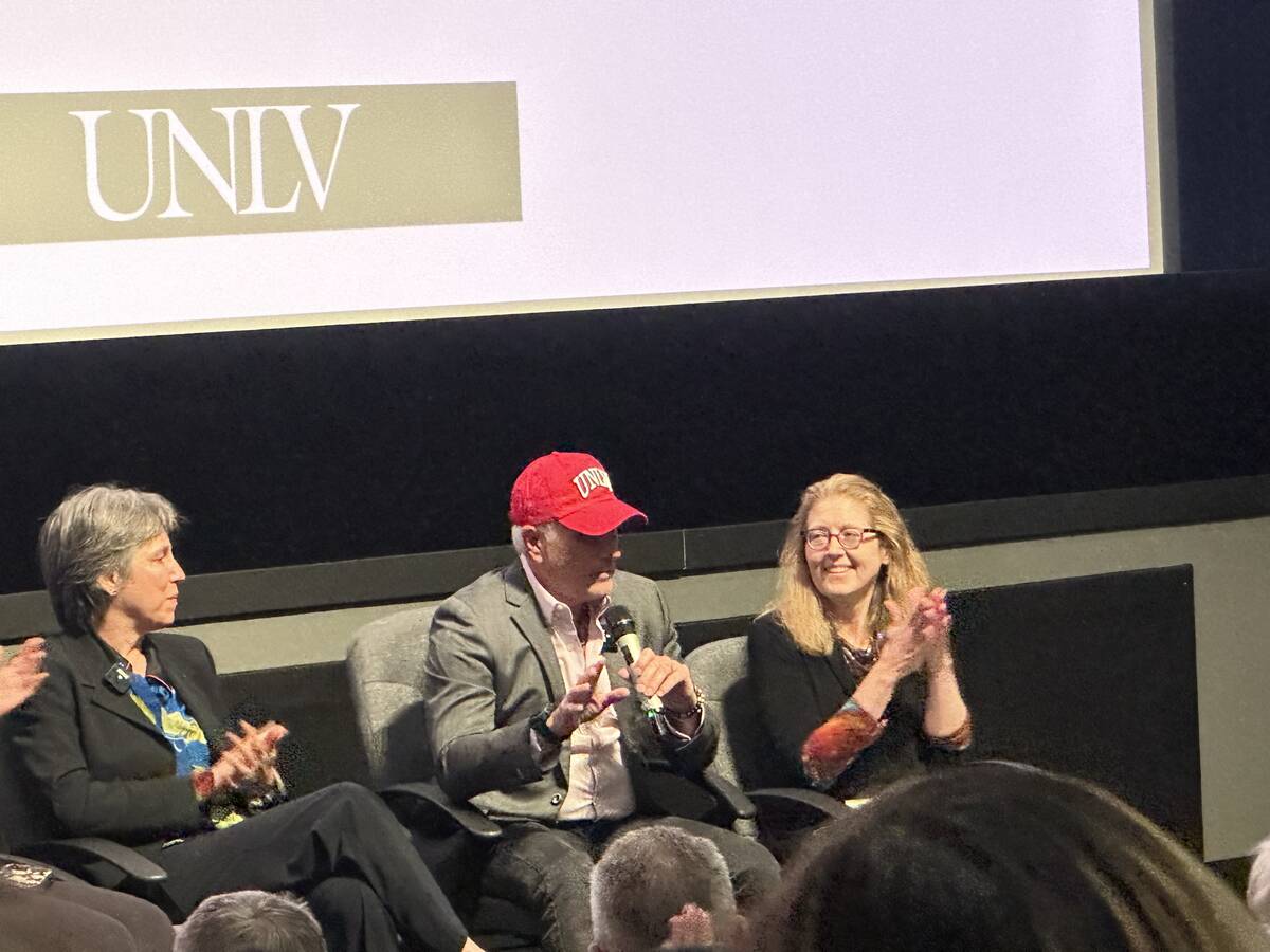 Warner Bros.’ Dan Hart is shown with UNLV Film Department Chair Heather Addison, right, and N ...