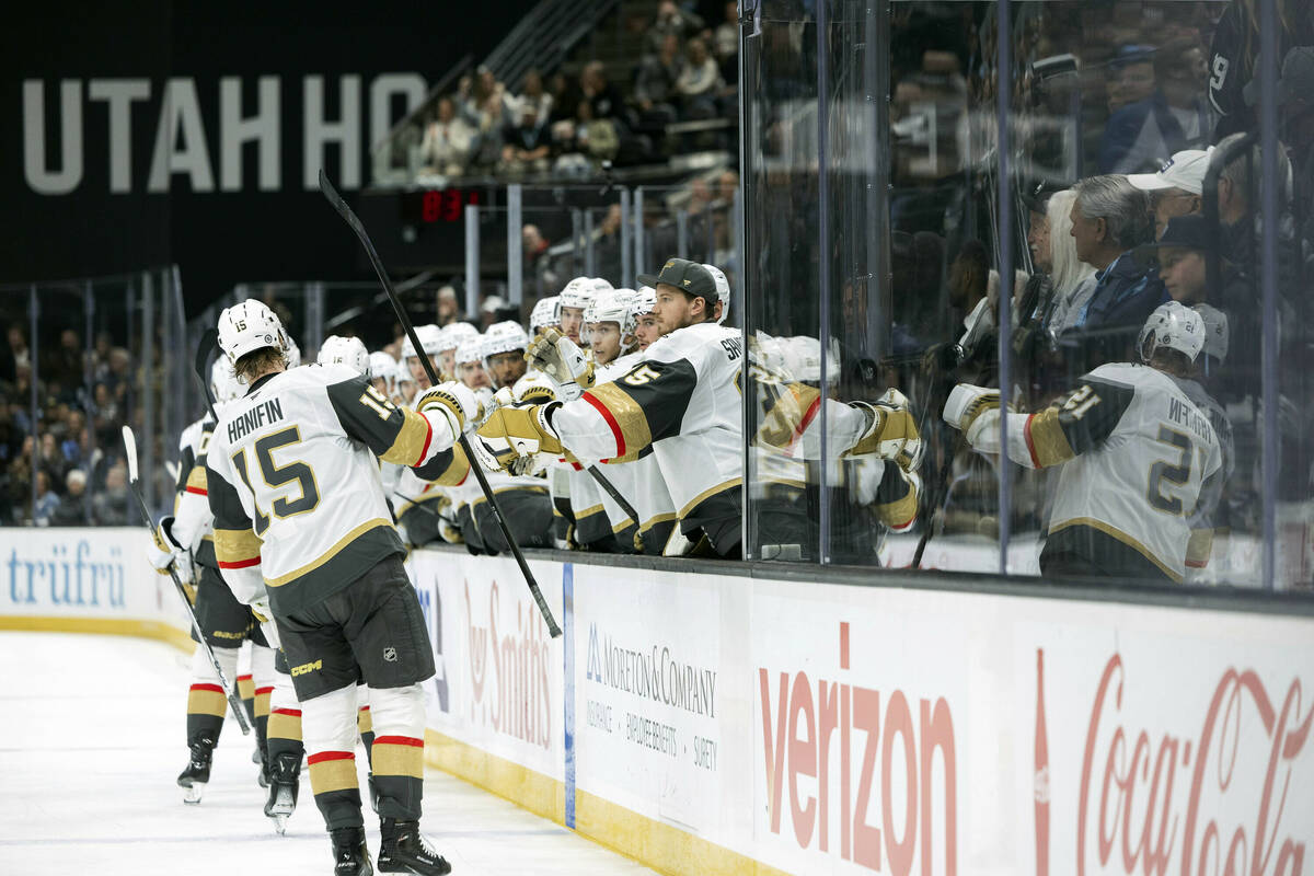 Vegas Golden Knights celebrate center Tomas Hertl (48) goal against Utah Hockey Club during the ...