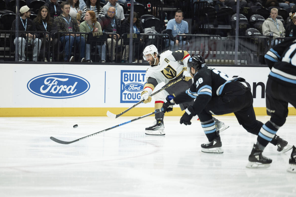 Vegas Golden Knights defenseman Alex Pietrangelo (7) shoots the puck against Utah Hockey Club c ...