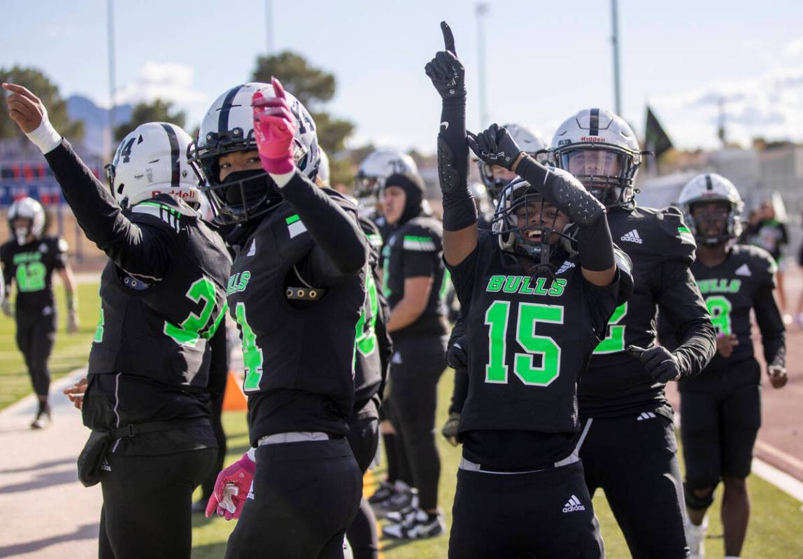 The Churchill County sideline celebrates after a touchdown is scored during the 3A state semifi ...