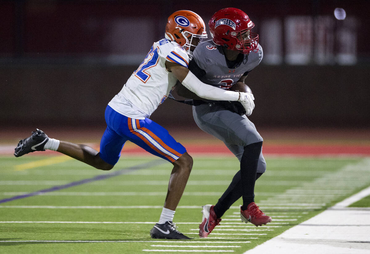 Bishop Gorman sophomore Hayden Stepp (32) pushes Arbor View wide receiver Damani Warren (3) out ...