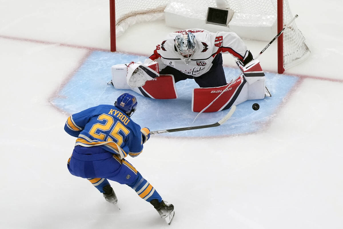 St. Louis Blues' Jordan Kyrou (25) is unable to score past Washington Capitals goaltender Logan ...