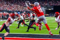 UNLV tight end Kaleo Ballungay (19) elevates for a touchdown reception as San Diego State Aztec ...