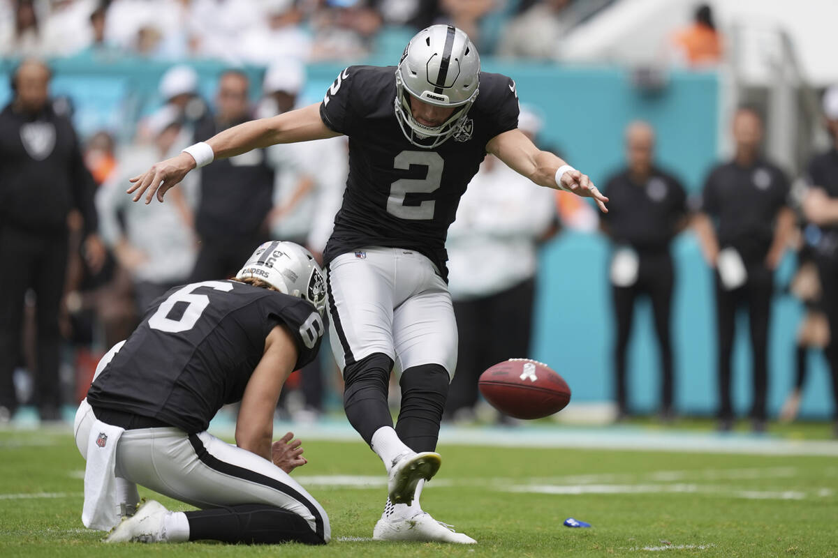 Las Vegas Raiders place kicker Daniel Carlson (2) kicks a field goal during the first half of a ...