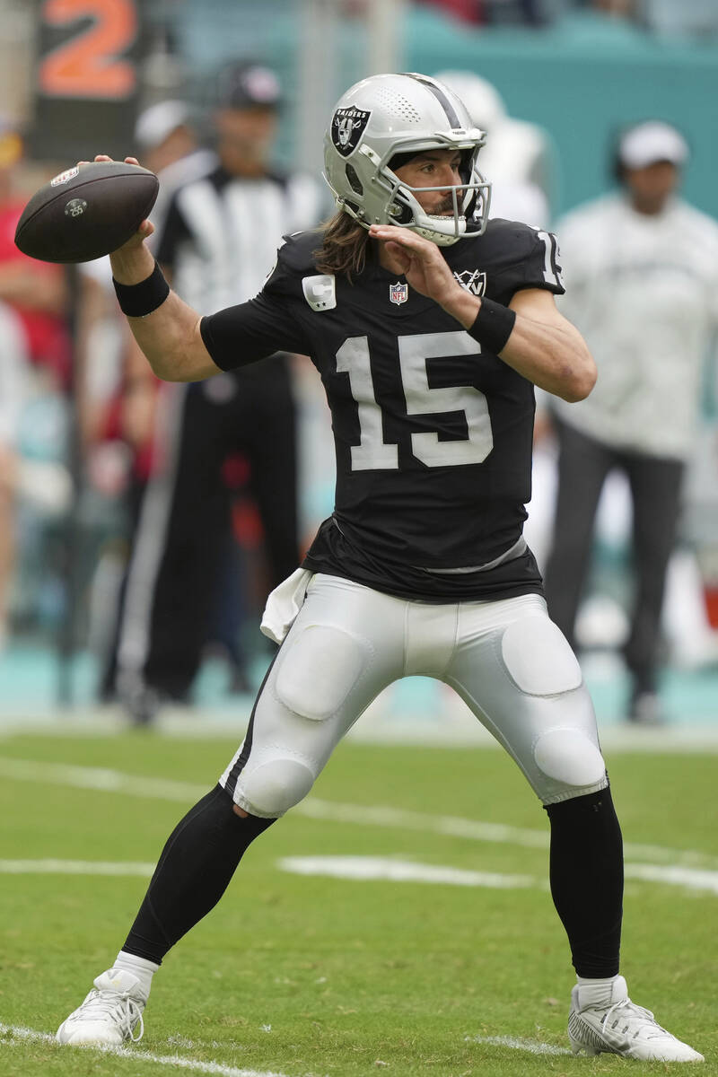 Las Vegas Raiders quarterback Gardner Minshew (15) aims a pass during the second half of an NFL ...