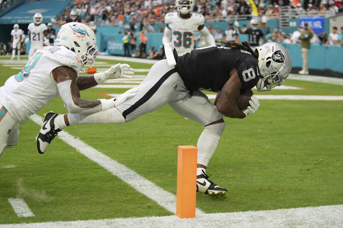 Las Vegas Raiders running back Ameer Abdullah (8) scores a touchdown during the second half of ...