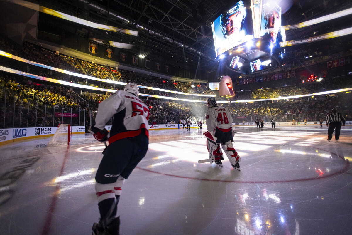 Washington Capitals take to the ice ahead of an NHL hockey game against the Golden Knights at t ...