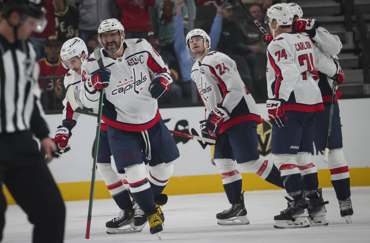 Washington Capitals left wing Alex Ovechkin (8) reacts after scoring against the Golden Knights ...