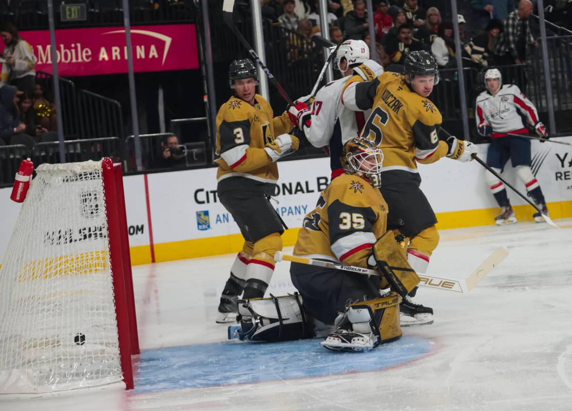 Golden Knights goaltender Ilya Samsonov (35) looks on after a goal by the Washington Capitals ...