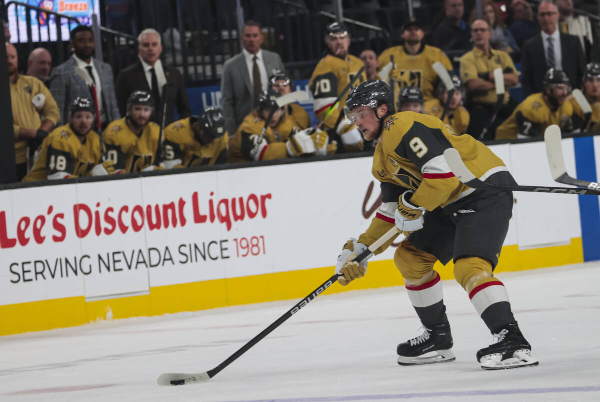 Golden Knights center Jack Eichel (9) skates with the puck during the third period of an NHL ho ...