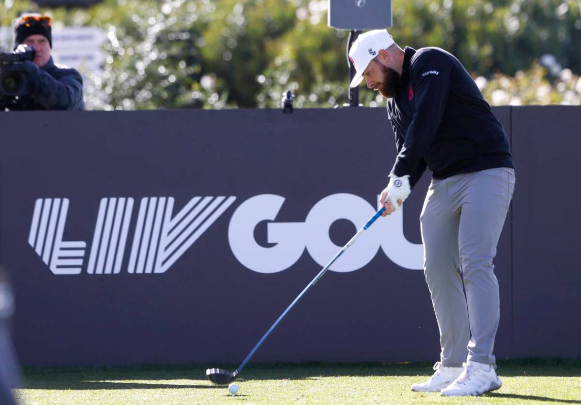 Tyrrell Hatton of team Legion XIII drives off the tee during the first round of LIV Golf Las Ve ...