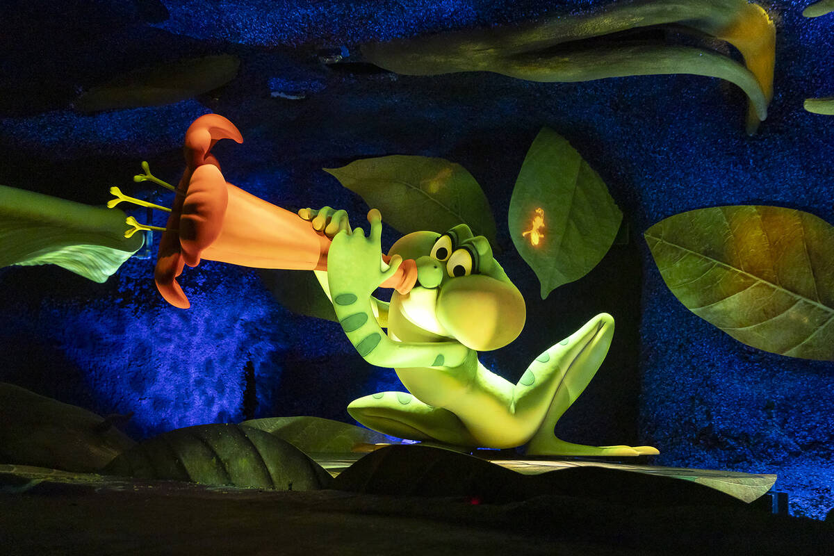 Mayra the frog in Tiana's Bayou Adventure, a ride that celebrates music and community. (Christ ...