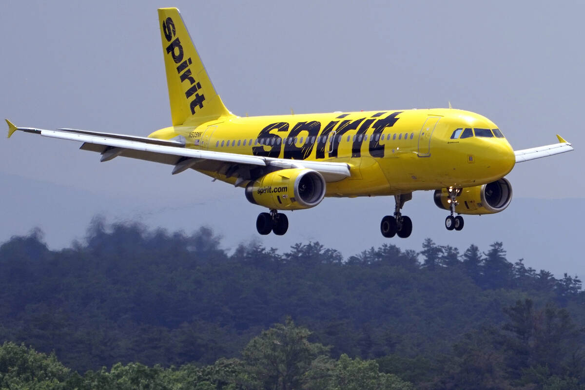 A Spirit Airlines 319 Airbus approaches Manchester Boston Regional Airport for a landing, Frida ...