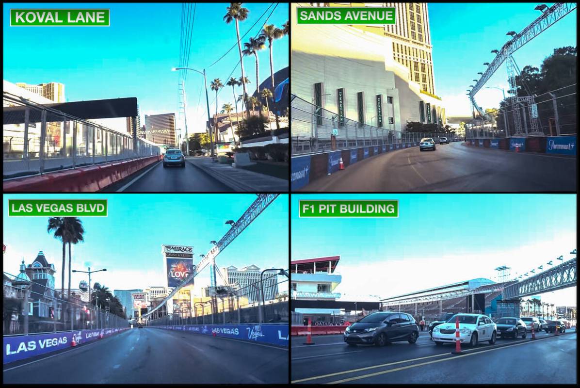 Various locations on the F1 Las Vegas Grand Prix circuit are seen in video frame grabs taken du ...