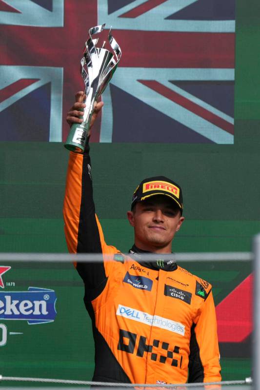 Second-placed finisher, McLaren driver Lando Norris of Britain, celebrates at the podium during ...