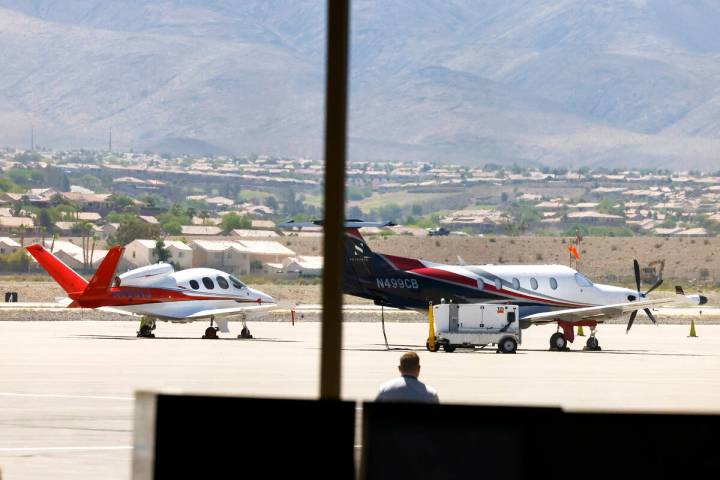 Private planes line the tarmac at Henderson Executive Airport, on Friday, May 31, 2024. (Bizuay ...